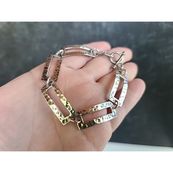 925 Sterling Hammered Silver Link Bracelet Vintage Toggle Closure - Picture 1 of 10